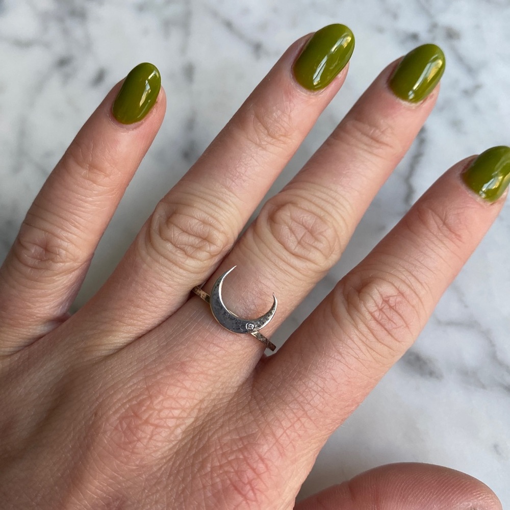 Crescent Moon Sterling Silver Ring with Single Gem